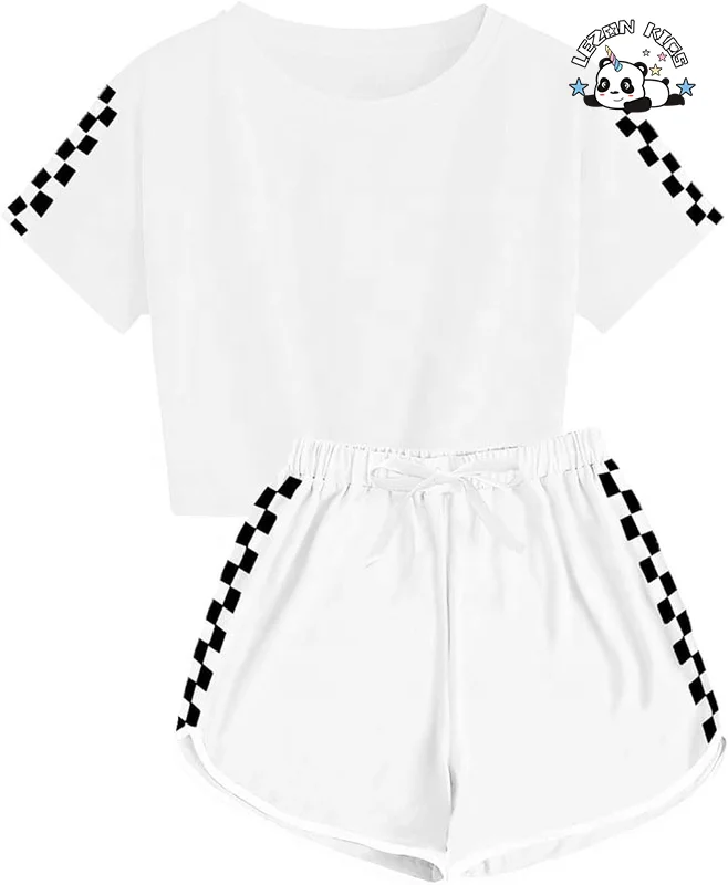 LEZONKIDS - Novo Estilo de Conjunto de 2 Peças para Meninas com Camisa de Manga Curta Xadrez e Shorts